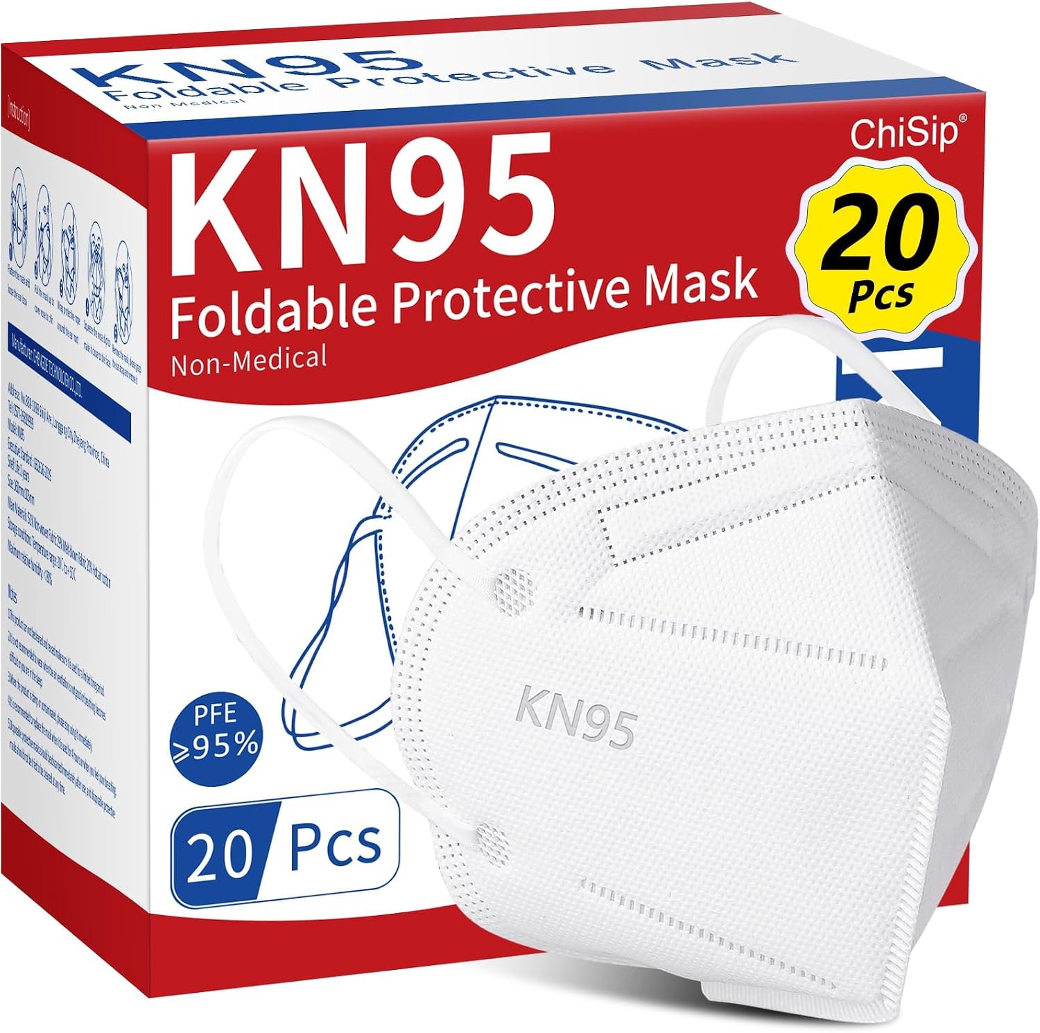 ChiSip KN95 Face Masks for Adults, 5-Ply Face Masks